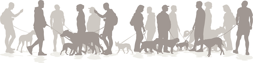 A vector silhouette illustration of people with their dogs.