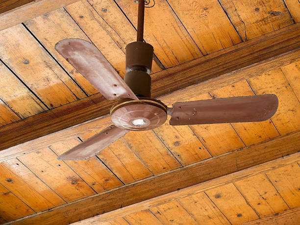 istock Retro, old brown fan on wooden ceiling detail. 477334776