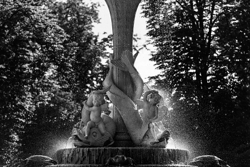 Detail of the sculptural group at the base of the Turtle Fountain in the Retiro Park in Madrid. This fountain was built in 1832 by the architect Francisco Javier de Marietegui, and the sculptures were carved by the artist Jose Tomas.