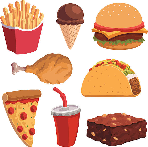 ilustrações, clipart, desenhos animados e ícones de conjunto de desenhos de fast food - unhealthy eating