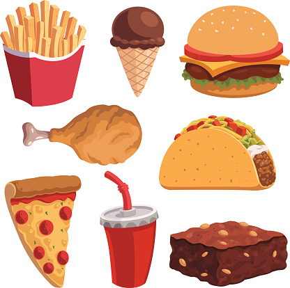 Set of vector cartoon fast foods including: