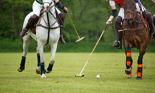 Putten, The Netherlands - May 25th 2015: Polo players on a horse challenging for the ball at the Jason Dixon Polo tournament on Monday 25th May 2015 in Putten, the Netherlands.