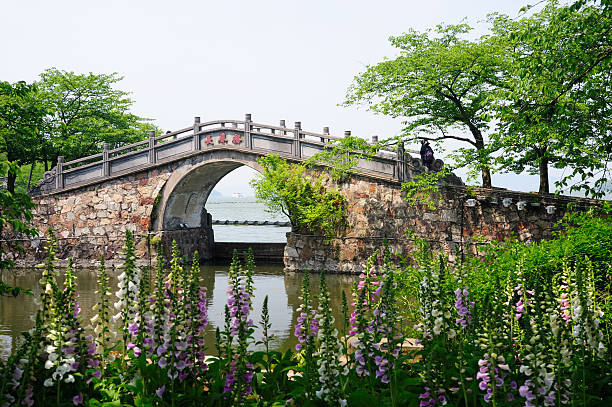 Bridge in Yuantouzhu Park of Wuxi Wuxi, China - April 26, 2015.  A lady on bridge looking to Lake Tai in Yuantouzhu Park in Wuxi, Jiangsu Province. Yuantouzhu is a beautiful peninsula park on the northern shore of Taihu (Lake Tai) and one of the most popular tourist destinations in Wuxi. lake tai stock pictures, royalty-free photos & images