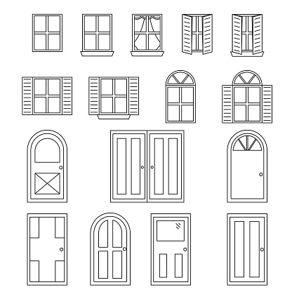 Set of 16 various styles of Black and white doors and windows. 