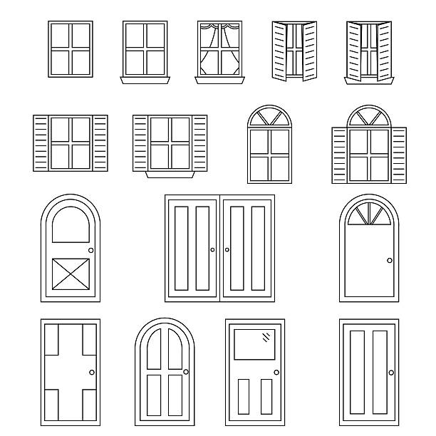Simple Doors And Windows Set of 16 various styles of Black and white doors and windows.  door illustrations stock illustrations