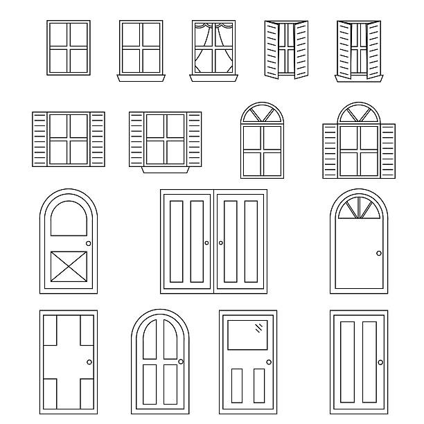 Simple Doors And Windows Set of 16 various styles of Black and white doors and windows. drawing of a french doors stock illustrations