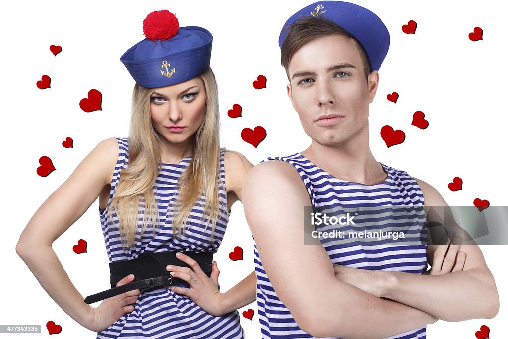 Loving sailor couple , man and woman Loving sailor couple , young men and woman, hearts Adult Stock Photo