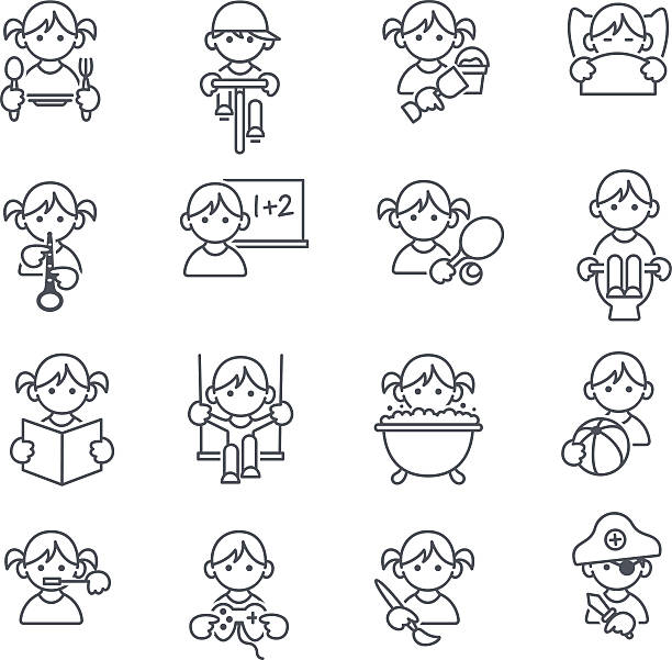 Kids icons Set of 16 Kids daily related icons in thin line. JPG file and EPS10 file. kids cleaning up toys stock illustrations