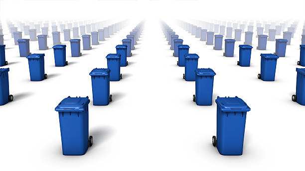 Front high angle view of trash cans (blue) stock photo