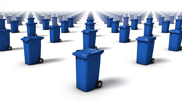Diagonal view of trash cans (blue) stock photo