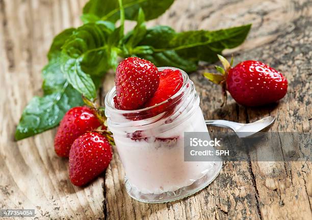 Homemade Strawberry Yogurt With Fresh Strawberries And Mint In A Stock Photo - Download Image Now