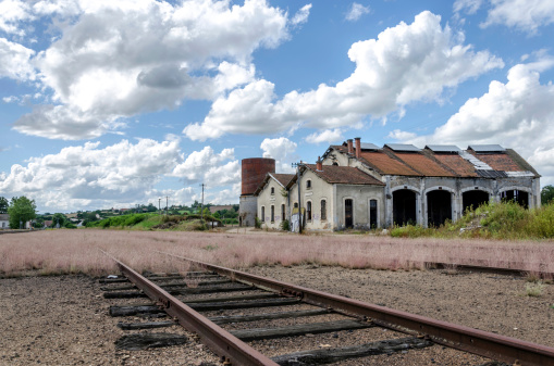 Abandoned old train maintenance garages in Burgundy waiting for renovation, France.