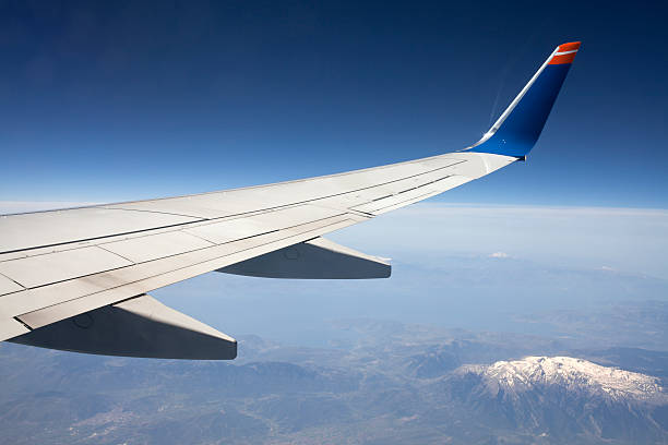 istock Wing of the plane on blue sky. 477355191