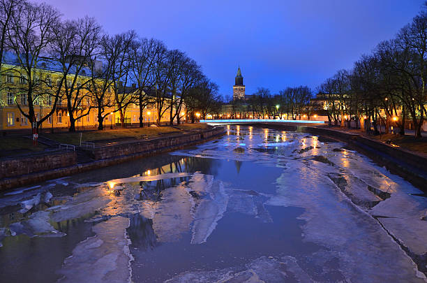 Turku, Finland. Beautiful purple twilight over  the river Aura