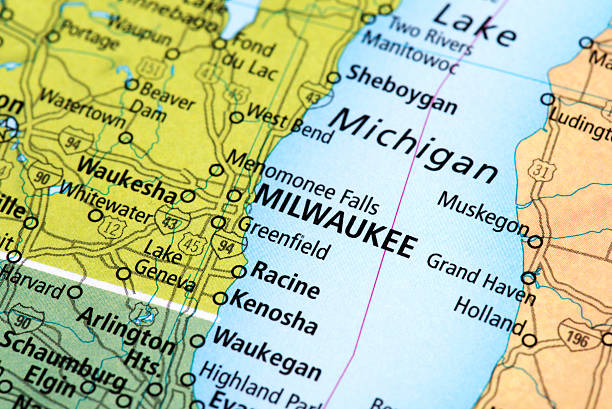 Map of Milwaukee in Wisconsin State, USA Map of Milwaukee in Wisconsin State, USA. Detail from the World Map. dane county photos stock pictures, royalty-free photos & images