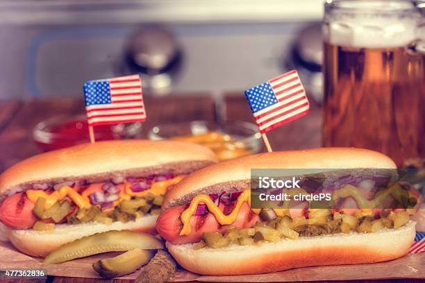 4th Of July Picnic Table Hot Dogs Stock Photo - Download Image Now - 2015, American Culture, American Flag