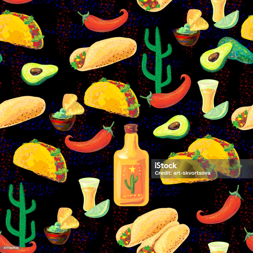 Taco, tequila, lime, fajitas, nachos, avocado, cactus and chili pepper Mexican seamless food pattern with taco, tequila, lime, fajitas, nachos, avocado, cactus and chili pepper vector background 2015 stock vector