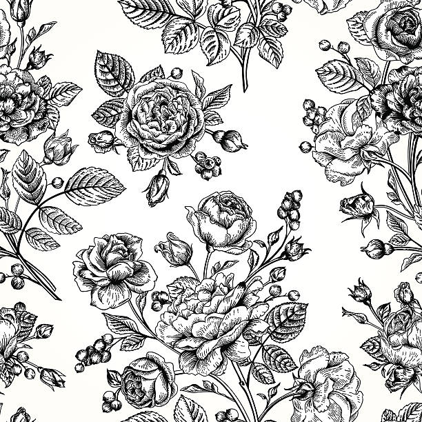 illustrations, cliparts, dessins animés et icônes de motif de roses sans couture avec imprimante. - monogravure