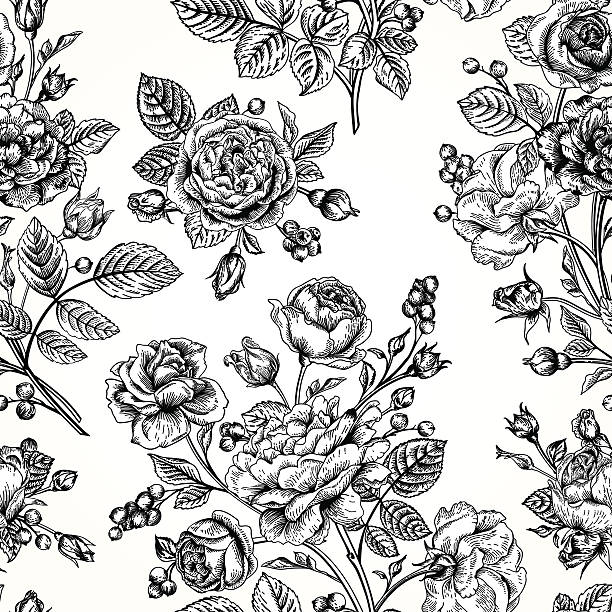 Seamless pattern wit roses. Seamless vector pattern with roses. Black and white. Vintage vector illustration. english culture illustrations stock illustrations