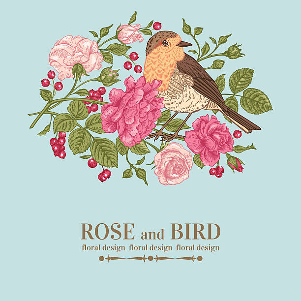 illustrations, cliparts, dessins animés et icônes de carte avec un oiseau et roses. - leaf greeting card love cute