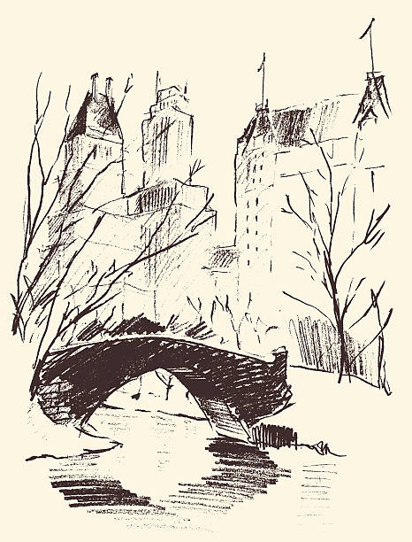 эскиз на центральный парк нью-йорка пейзаж мост - lyrical stock illustrations