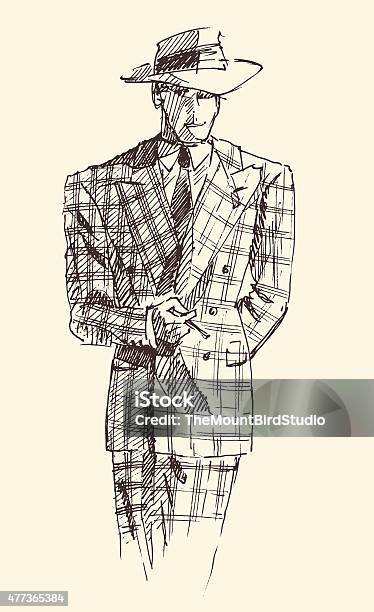 Fashion Men In Checkered Suite With Hat Vector Stockvectorkunst en meer beelden van 2015 - 2015, Bedrijfsleven, Detective