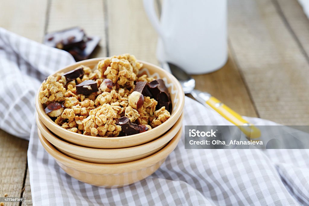 bowl of granola and chocolate chips bowl of granola and chocolate chips, food closeup Bowl Stock Photo