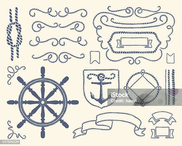 블루 항해 데커레이션 일러스트 설정 항해 선박에 대한 스톡 벡터 아트 및 기타 이미지 - 항해 선박, 밧줄, 항해 양식