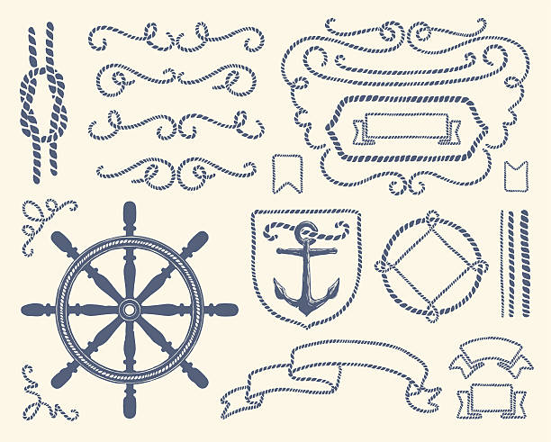 ilustrações de stock, clip art, desenhos animados e ícones de azul conjunto de decoração náutica ilustração - bordered