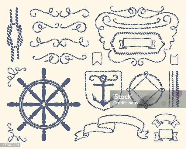 Azul Conjunto De Decoração Náutica Ilustração - Arte vetorial de stock e mais imagens de Veículo Aquático - Veículo Aquático, Estilo náutico, Corda