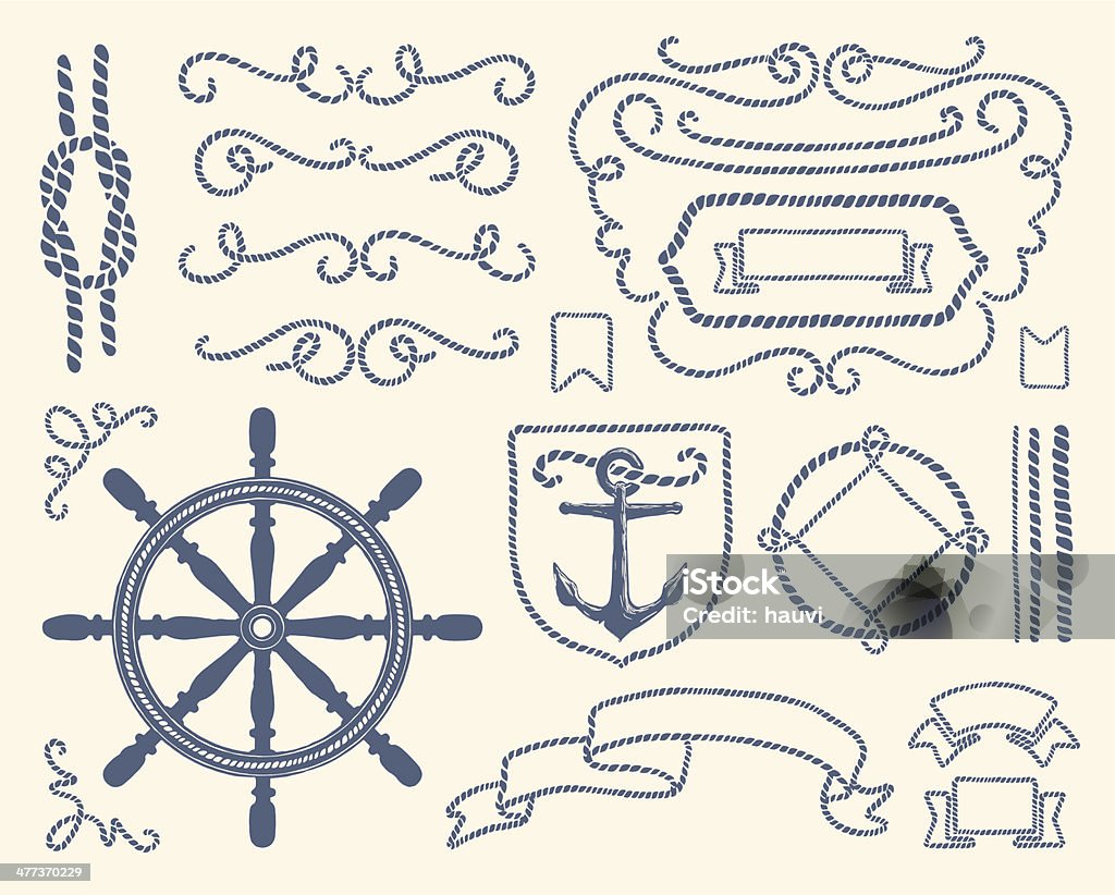 Blue nautical decoration illustration set Set of vintage nautical decorative items. Nautical Vessel stock vector