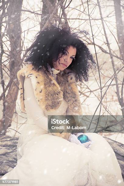 Snow Queen Fantasy Character Outdoors In Winter Sitting On Log Stock Photo - Download Image Now