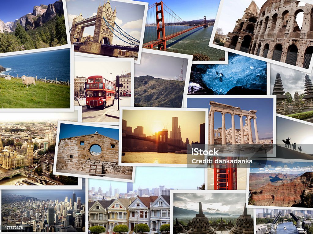 Travel Collage - World images merge of images from around the world - europe, america and asia Postcard Stock Photo
