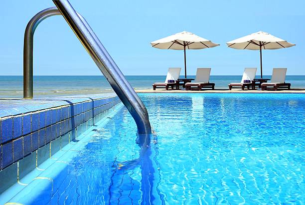 istock Swimming Pool with Beach Chairs Near the Beach 477376371