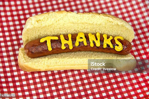 Thanks On Hot Dog With Mustard Stock Photo - Download Image Now - Thank You - Phrase, Mustard, Meat