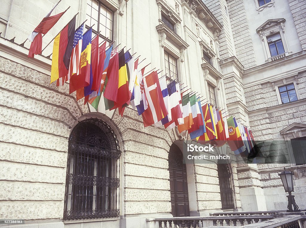 Flags. Flags on the wall. Austrian National Library, Vienna. Architecture Stock Photo
