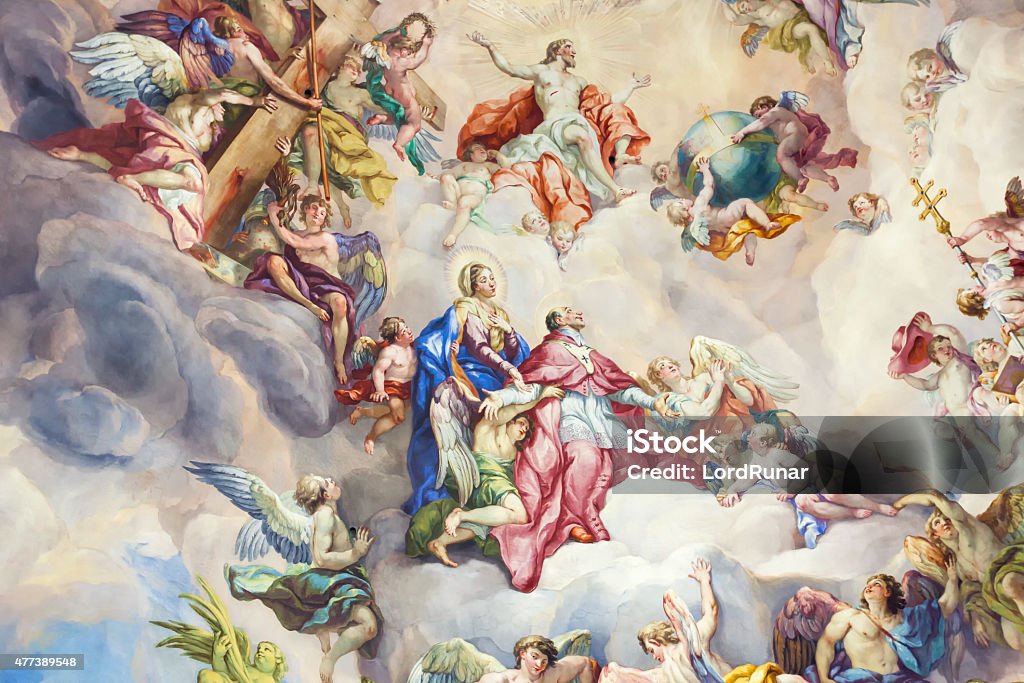 Religious 18th century art A fresco in the dome of the Karlskirche in Vienna, painted by Johann Michael Rottmayr (1656 – 1730) and Gaetano Fanti (1687 - 1759). 2015 Stock Photo