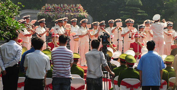 Hanoi, Vietnam - October 23, 2011: A police brass orchestra on Hoan Kiem park in Independence Day celebrations in Hanoi, the capital city of Vietnam. 