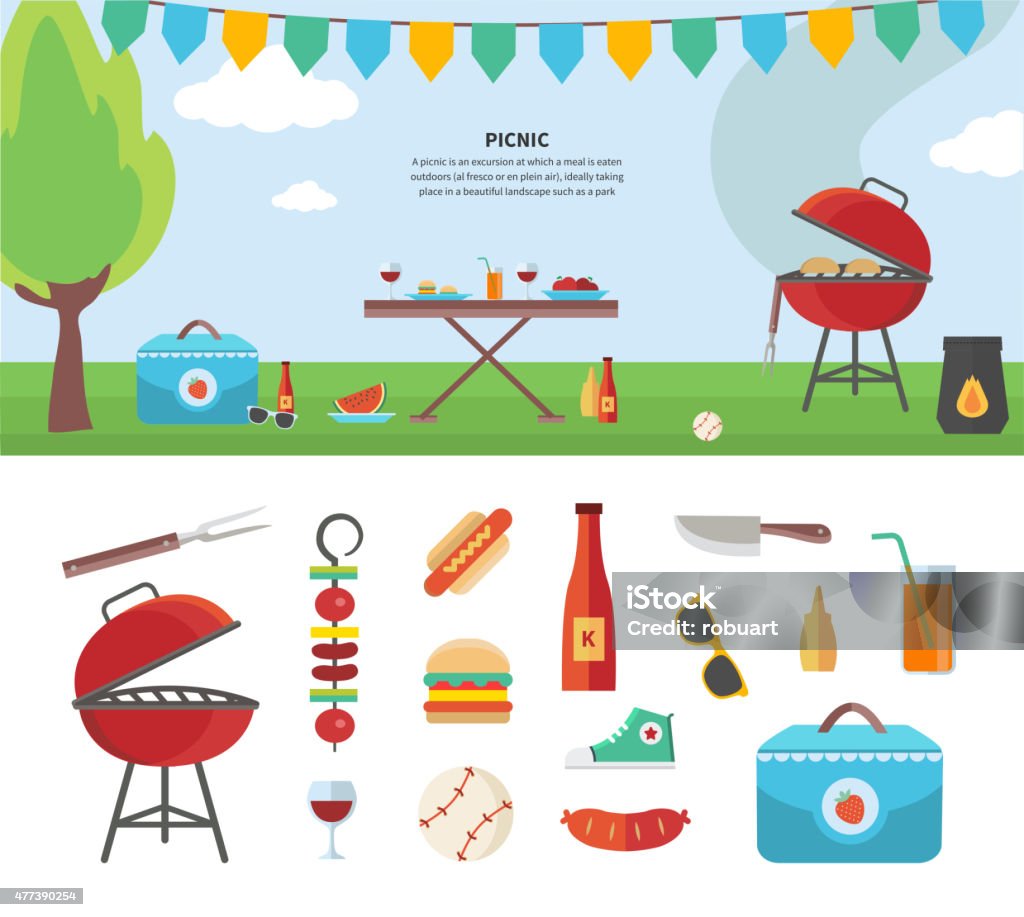 Banner and Icons of Picnic Items. Holiday Concept Summertime holiday template with picnic outdoor summer accessories, illustration and icon set flat design of traveling, holiday. For web banners, promotional materials, presentation templates Grilled stock vector