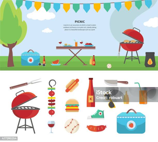 Banner And Icons Of Picnic Items Holiday Concept Stock Illustration - Download Image Now - Grilled, Outdoors, Summer