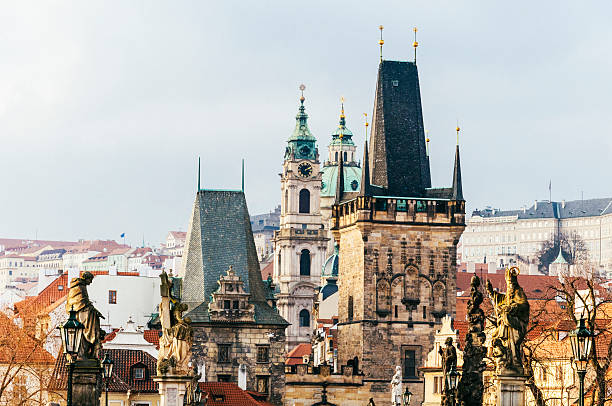 Beautiful City of PRague from the Karlovy most (Carlo's Bridge) on the sunny day, focus on the Southern part of the city.