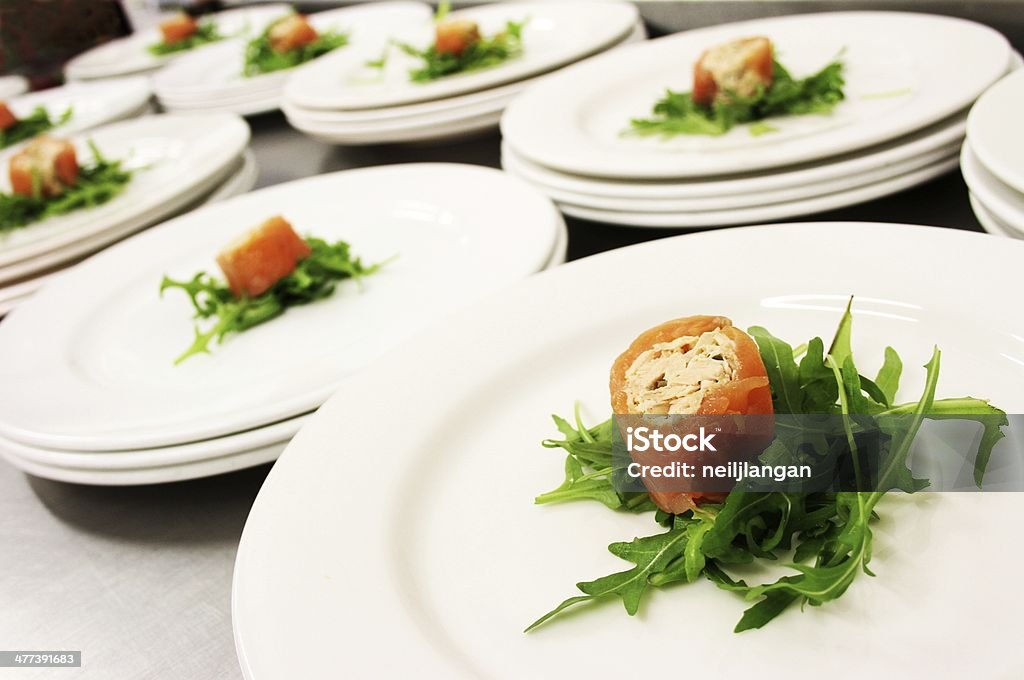 smoked salmon starter on white plate Appetizer Stock Photo