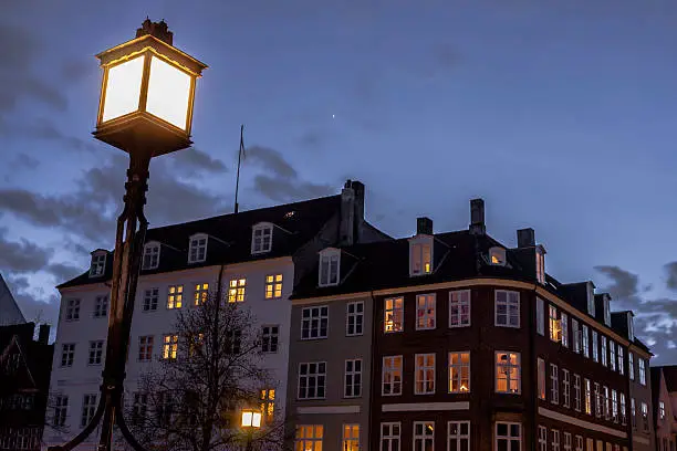 At streetlight by the canals in Christianshavn, Copenhagen