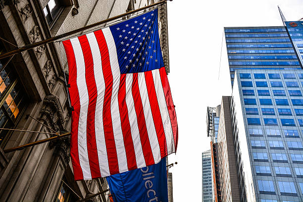 istock US flag on a city background 477396748
