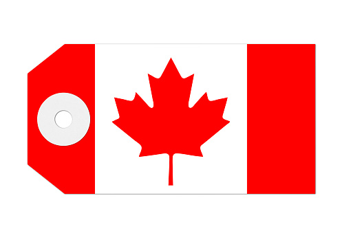 Canadian label or luggage tag on white with a soft shadow. Canadian flag. Maple leaf.