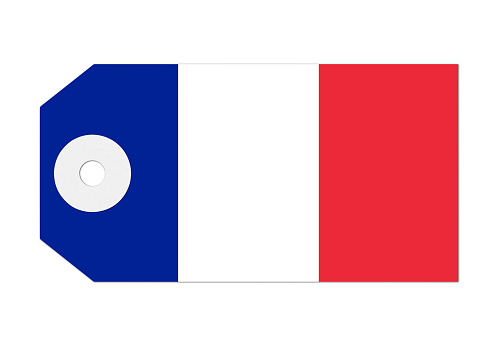French label or luggage tag on white with a soft shadow. Flag of France.
