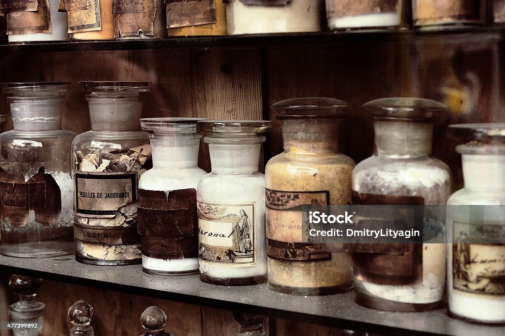 Old pharmacy Cupboard with drugs in the old pharmacy Medicine Stock Photo