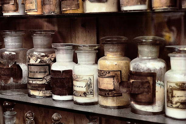 Old pharmacy Cupboard with drugs in the old pharmacy alchemy photos stock pictures, royalty-free photos & images