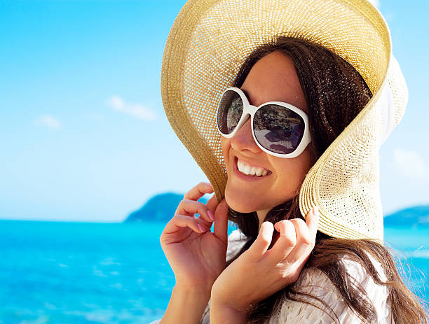istock Happy woman in hat on the beach 477402408
