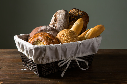 Photo of the assorted bread in wooden basket